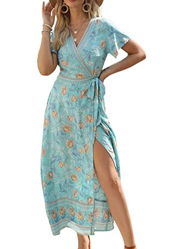 Image of R.Vivimos Women's Summer Short Sleeve Floral Print Bohemian Beach Waist Tie Wrap Long Flowy Dress with Slit