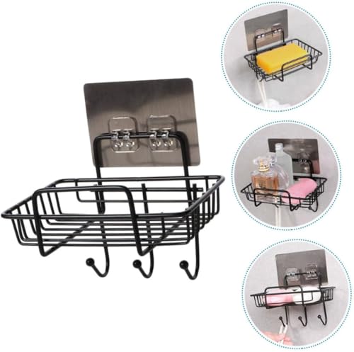Image of Wall Mounted Soap Dish with Hooks, Self Adhesive Soap Holder for Bathroom & Kitchen, Rustproof Metal Soap Rack with Drain Design, No Drill Soap Tray Organizer for Shower, Black