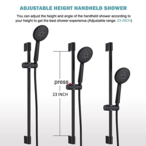 Gabrylly Matte Black Shower System, Wall Mounted Slide Bar Shower Faucet Set Complete,15“ Grab Bar Handle,Matte Black #TOP4