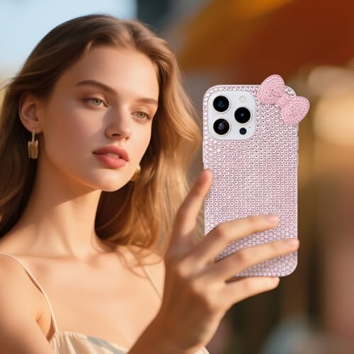 Cute Case for iPhone 17 Pro 6.3" with HD Screen Protector, Pink Glitter Rhinestone Bow Phone Cases, Covered Sparkle Bling Diamond Clear Shockproof Protective Phone Cover for Women Girls & Girls Kids by zcvbjek - Used condition - Image 7