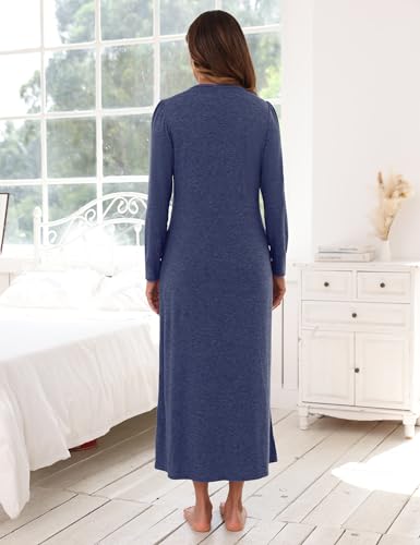 Marvmys Camisas femininas de algodão de manga comprida macias para dormir, gola V, comprimento total