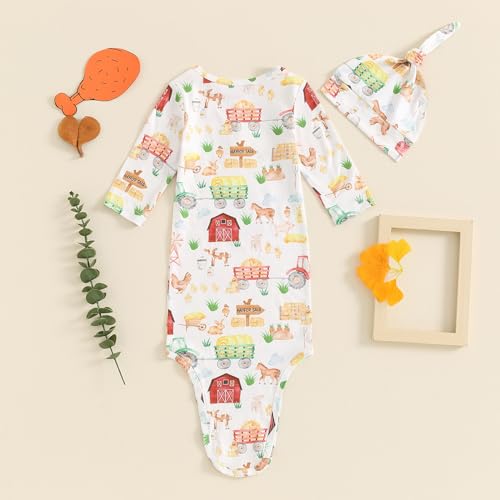 BULINGNA Newborn Baby Boy Girl Knotted Gown with Hat Farm Chicken Nightgown with Mittens One Piece Pajamas for Baby2
