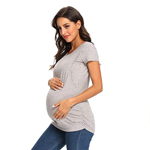 L Pattern Maternity Tops Women's Nursing Tops Short Sleeve Crew Neck For Breastfeeding Tee Shirts Grey #TOP2