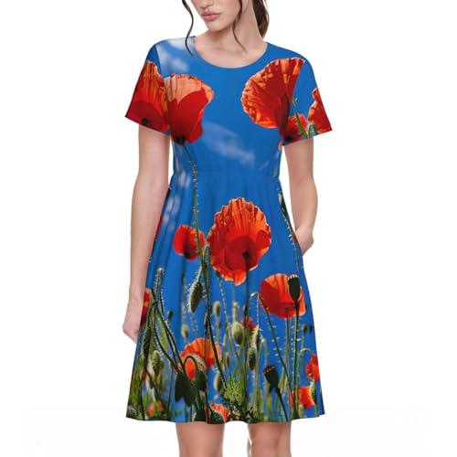 Robe d'été élégante à manches courtes pour femme à motif coquelicots