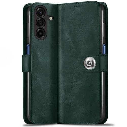 Image of TheGiftKart Flip Cover Back Case for Samsung Galaxy M17 5G / A17 5G / F17 5G | Genuine Leather Finish | Designer Button | Inbuilt Pockets & Stand | Flip Cover Back Cover Case (Faux Leather, Green)