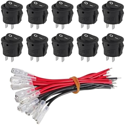 DWEII 10 Pack Round Rocker Switch 12V ON Off 12 Volt DC Circle Toggle Switch 2 Pin SPST 3A/250V 6A/125V AC 15MM Rocker Switch with Wires for Auto Car Marine Boat Household Appliances Cover