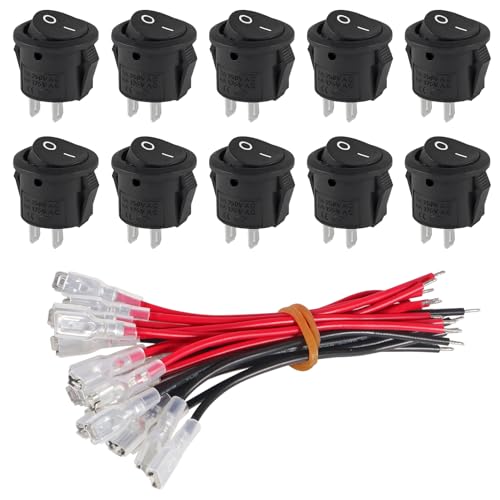 DWEII 10 Pack Round Rocker Switch 12V ON Off 12 Volt DC Circle Toggle Switch 2 Pin SPST 3A/250V 6A/125V AC 15MM Rocker Switch with Wires for Auto Car Marine Boat Household Appliances