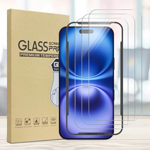 Pacote com 3 protetores de tela compatíveis com iPhone 16 com moldura de instalação, vidro temperado de dureza 9H antiarranhões, sem bolhas, compatível com capas