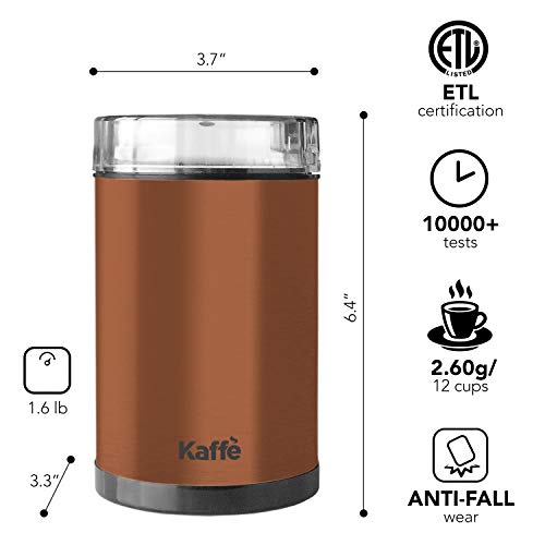 Kaffe Coffee Grinder Electric - Spice Grinder W/Cleaning Brush, Easy On/Off - Perfect For Espresso, Herbs, Spices, Nuts, Grain - 3.5Oz / 14 Cup. Copper #TOP2