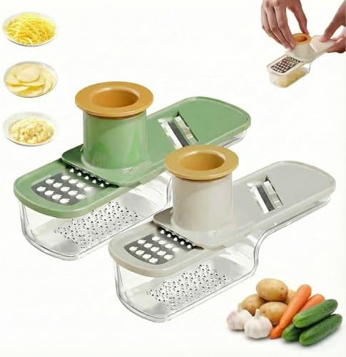 2Pcs 3 in 1 Mini Garlic Grinder, Multifunctional Garlic Grater Ginger Vegetable Chopper, Handheld Kitchen Gadget with Container & Safety Guard for Camping Picnic Cooking