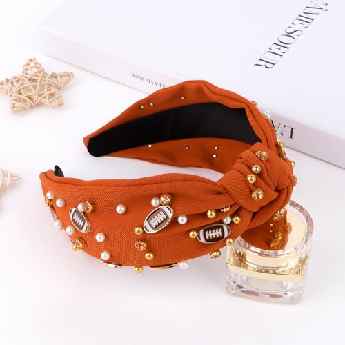 YARIEW Football Headband for Women Pearl Rhinestone Jeweled Knotted Headband Fashion Headband Wide Game Day Sports Hair Accessories Gift for Football Mom Fans Christmas (Orange) - Thumbnail 7