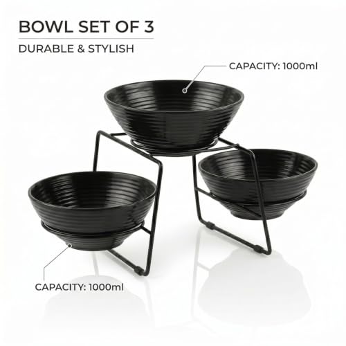 Image of Melamine Serving Bowls | Multipurpose Bowl Set | Mixing & Serving Bowls | Unbreakable, Lightweight, Food-Grade, Dishwasher Safe | Set of 3 (1000 ML Each) (Black)