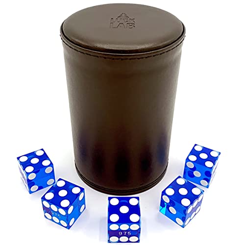 Luck Lab Black Leather Dice Stacking Cup With 5 Blue Serialized Razor Edge 19 Mm Casino Dice - Pro Straight Cup For Stacking And Magic Tricks #TOP6