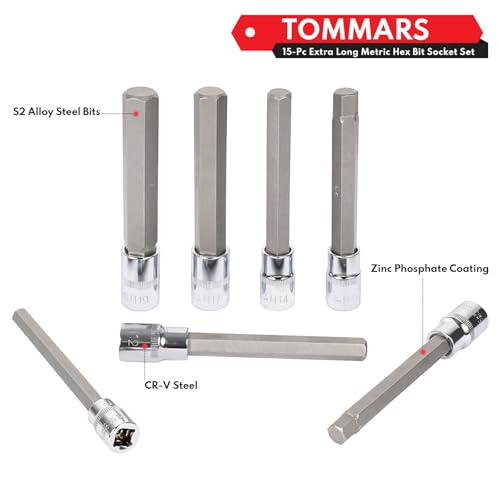 Image of TOMMARS 15-PC Metric Extra Long Hex Bit Socket Set H2-H19 | Extra Long Socket Set, H2-H19, S2 Alloy Steel, 3 /8 inch 1 /2 inch Drive