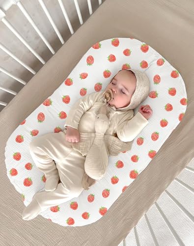Image of Muslin Baby Lounger Cover 2 Pack, Soft Breathable Newborn Lounger Pillow Cover for Boys Girls Infant (Strawberry & Pale Pink)