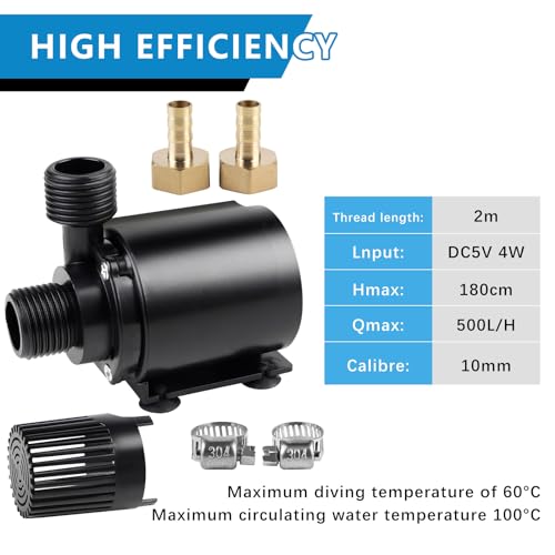 EXLECO USB Aquarium Fish Tank Pump 500L/H 4W Submersible Mini Water Pump Small Fountain Filter Pump Ultra Quiet with 1.8 m Cable 2 Brass Nozzle - Image 4