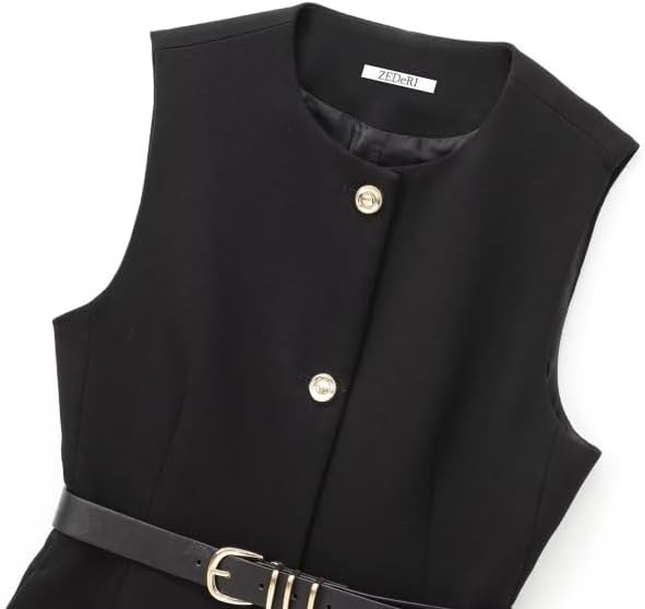 Women's Black Belted Waistcoat, Sleeveless Button Down Office Vest, Casual Slim Fit Outerwear With Belt