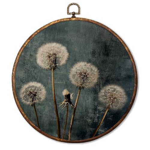Fyecoluo Moody Vintage Dandelion Round Canvas Wall Art Framed, Dark Cottagecore Rustic Wildflower Botanical Circle Wall Hanging Prints for Bedroom Living Room Home Decor, 10x10 Inches