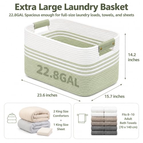 Image of 22.8GAL Xl Extra Large Laundry Basket for Bathroom, Dorm Dirty Clothes, Sturdy Portable Aesthetic Boho Cute Woven Storage Shoes Blanket Baskets for Living Room Decor Girls Boys Pets Toys White Green