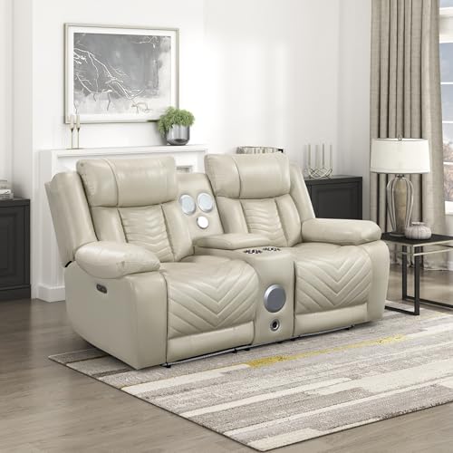 Image of Lexicon Wall Hugger Power Double Reclining Loveseat with Console, Beige