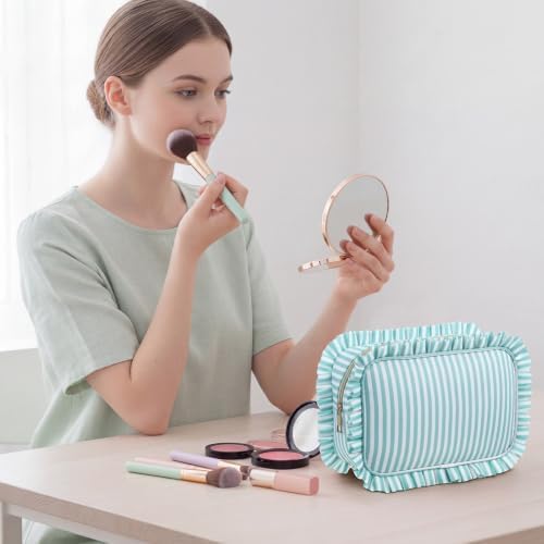 Kigeli 4pcs Ruffle Makeup Bag Preppy Cosmetic Pouch Large Travel Cute Cosmetic Bag Pink Blue Purple Green Striped Nylon Waterproof Toiletry for Women Girls Travel Gift - 5