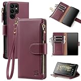 Shieldtop Compatible with Samsung Galaxy S22 Ultra 5G Wallet Case with Card Holder,Women Men RFID Blocking PU Leather Phone Case Flip Protective Cover Wrist Strap Zipper Credit Card Slots,Wine Red
