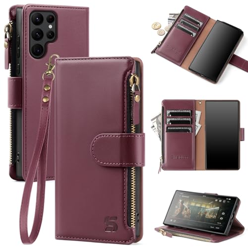 Shieldtop Compatible with Samsung Galaxy S22 Ultra 5G Wallet Case with Card Holder,Women Men RFID Blocking PU Leather Phone Case Flip Protective Cover Wrist Strap Zipper Credit Card Slots,Wine Red by Shieldtop - Used condition - US$9.52
