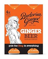 Buderim Ginger Non-Alcoholic Ginger Beer, 4 x 250 mL cans, Made with Fresh Ginger, Super Refreshing, Great as a Mixer