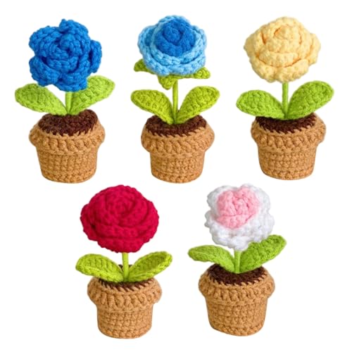 Flores de Ganchillo Plantas de Ganchillo 5 Rosas Artificiales de pequeñas Flores de con Maceta para decoración de salpicadero de Coche o Oficina.