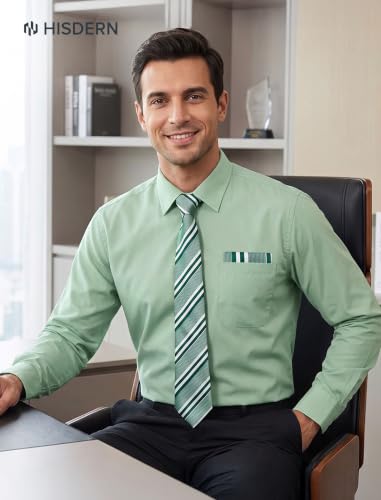 Image of HISDERN Mens Dress Shirt with Tie Pocket Square Set Classic Button Down Shirt Matching Tie Long Sleeve Shirts