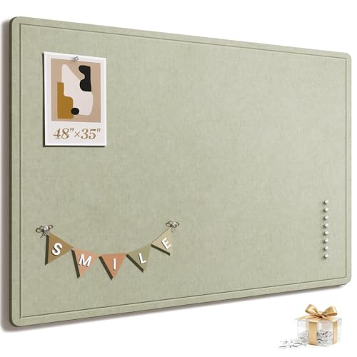 Large Bulletin Board, 48 X 35 Inches Felt Cork Board with 40 Pushpins, Foldable Felt Notice Pin Board Photo Display Board with Self-Adhesive Tape for Office Home School (Sage, 48x35 inch)