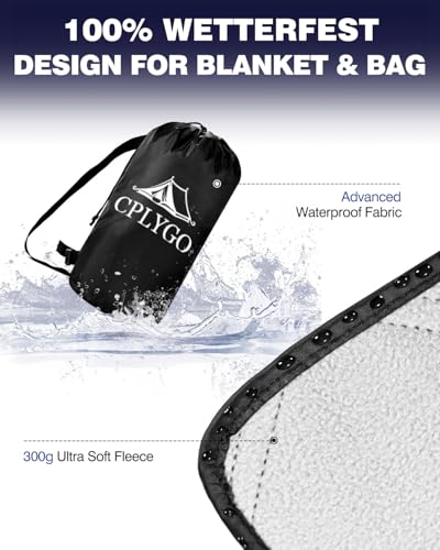 wasserdichte Fleecedecke Picknickdecke, Winddicht Reisedecke Ultraleicht Warm Sandfest, Tragbare Groß Decke Mit Hut für Outdoor Camping, Stadion, Yoga, Strand, Kaltes Wetter, 145 x 190 cm, Schwarz