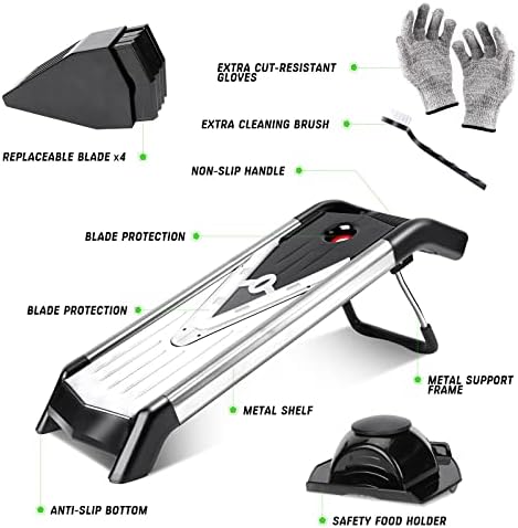 Masthome Mandoline Vegetable Slicer, Professional Mandolin Slicer with V Blades, Multifunctional Veg Julienne Slicer Chopper Cutter - Send Cleaning Brush & Gloves