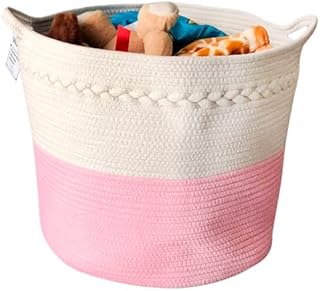 Cotton Rope Basket - Extra Large Pink Storage Basket With Handles. Woven Storage Basket For Blankets, Toy Basket Storage, Clothes basket, Shoes Basket. Pink Basket For Toys (Pink)