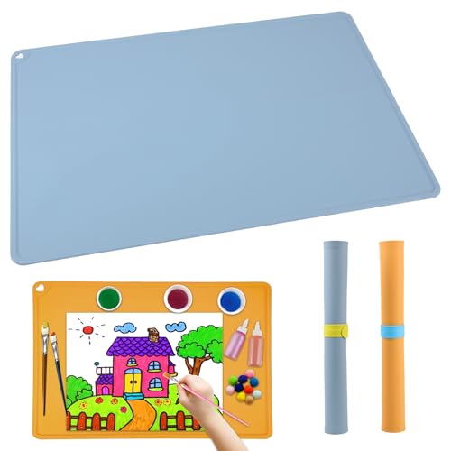 GEEKHOM 2 Stück Malunterlage für Kinder 60x40cm - A2 Silikon Bastelunterlage Groß Silikonmatte für Malen Harz Sand Art - Antihaft & Waschbar Schreibtischunterlage mit Erhöhten Kanten (Gelb + Blau)