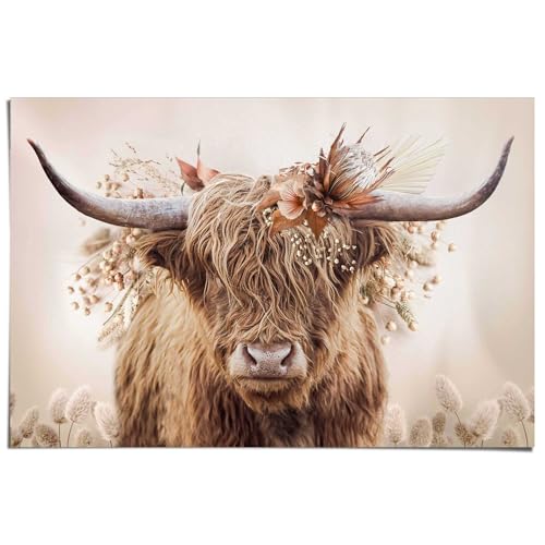 REINDERS Poster, Highlander in Blumen, Wohnzimmer, Poster, Wanddeko, Room Decor, 150 gr. glänzend Bilderdruckpapier, Beige, 61 x 91,5