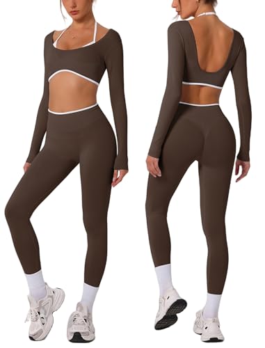 OMEWEE Women’s Long-Sleeve Adjustable Halter Crop Top & Squat-Proof Leggings Set (Brown)