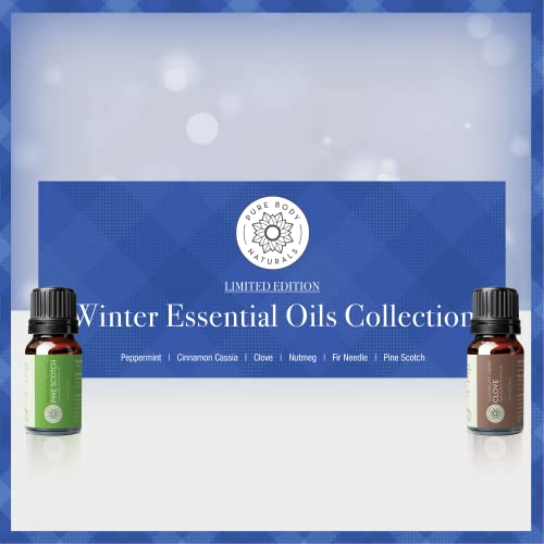 Pure Body Naturals - 6 Count x 10 ml Undiluted Essential Oils Set - Cinnamon, Fir, Clove, Pine, Nutmeg, Peppermint - Perfect for Diffusing, Scented Recipes, Gifts