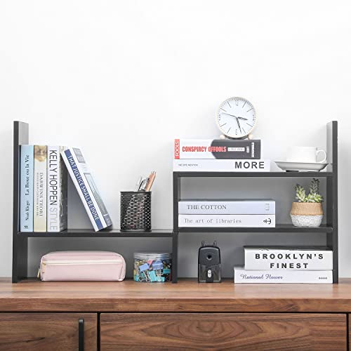 Mygift Adjustable Gray Solid Wood Desktop Storage Organizer Display Shelf Book Rack, Home Office Desk Decor Bookshelf #TOP3