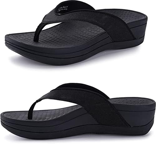 WHITIN Women's Platform Flip Flops with Arch Support Orthotic Slippers Size 7 7.5 Beach Sandals Thong Slides Wedge Outdoor Chunky Heels Chanclas para Mujer Pool Black 37
