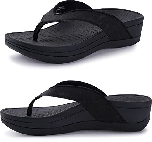 Whitin Women's Platform Flip Flops With Arch Support Orthotic Slippers Size 7 7.5 Beach Sandals Thong Slides Wedge Outdoor Chunky Heels Chanclas Para Mujer Pool Black 37 #TOP26
