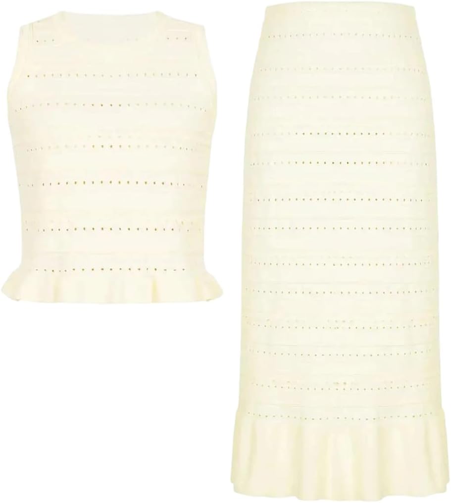 Women's Casual Set Round Neck Lace Hollow Out Sleeveless Vest Slim Fit Skirt Set