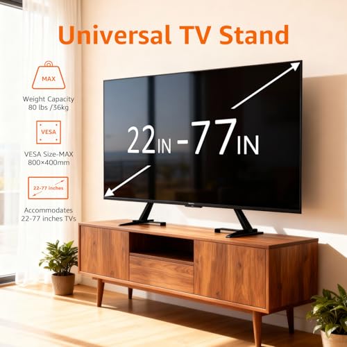 Amazon Basics Universal TV Stand, Height Adjustable for 22-77 inch TVs, Supports up to 80 lbs, VESA 200x100 to 800x400, Includes Soundbar Mount, Black view 2