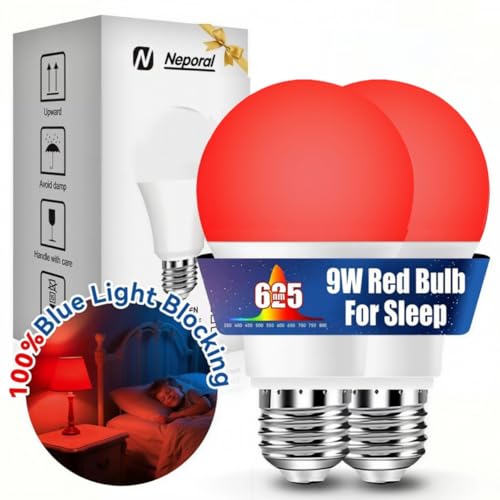 Neporal 625nm Red Light Bulb for Sleep, 100% Blue Light Blocking Bulb for Melatonin Promote, A19 LED 9W 60W Red Night Bulb for Baby Nursery, Sleep, Read, Bedroom 2PK (White When Off, Red When on) by Neporal - Used condition - CA$15.39