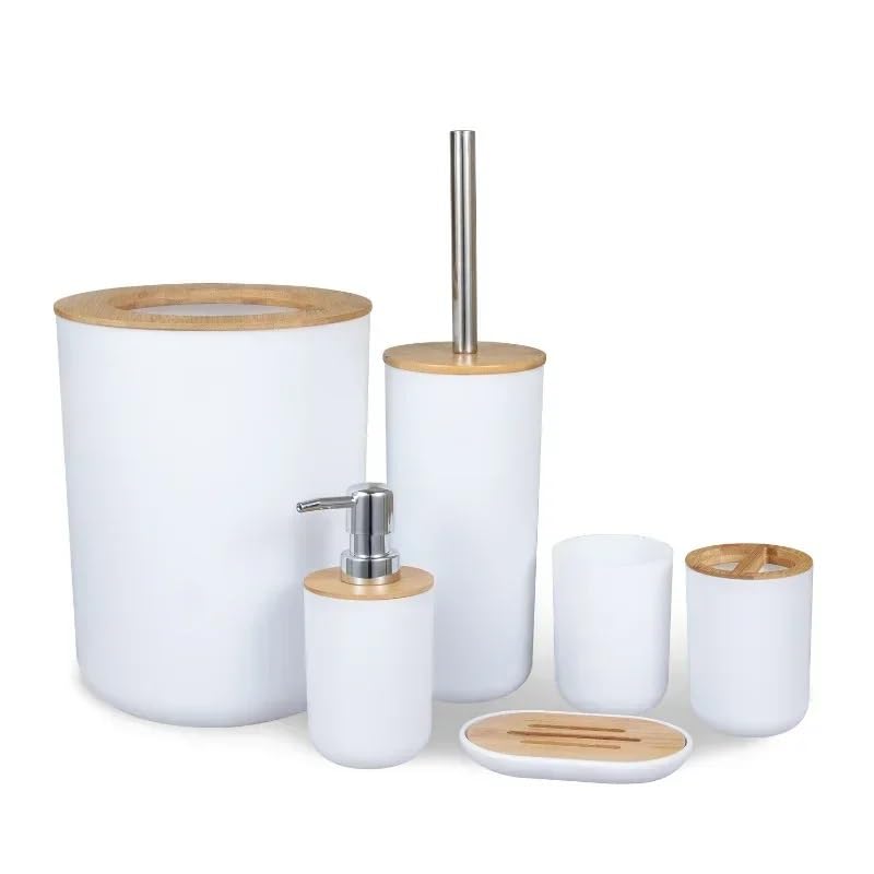 Badezimmer Zubehör Set Badezimmer-Zubehör-Set, Seifenspender, Flaschenschale, Waschraum, Zahnbürstenhalter, Tasse, Anzug, Lotion, Rack, Mülleimer, Toilettenbürste(White 6pcs)