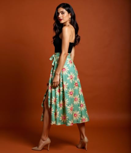Image of GirlCode Women's Boho Floral Print Wrap Front Self Tie Knot Midi Skirt Women & Girls