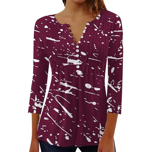 SHAOBGE Fall 3/4 Sleeve Tops for Women 2024 Floral Print Casual Shirts V Neck Button Oversized Comfy Lightweight Y2k Blouses