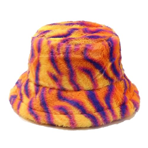 Quanhaigou Winter Faux Fur Bucket Hat Fuzzy Warm Hat for Women Men Fluffy Fisherman Cap (Tiger Stripes)