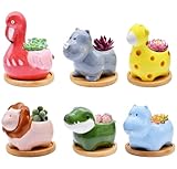 6 Pack Animal Ceramic Succulent Pots with Drainage – Mini Jungle Planters with Bamboo Trays for Indoor Plants & Cactus, Cute Flower Pots for Desk, Office, Home Decor, Gift for Kids & Plant Lovers
