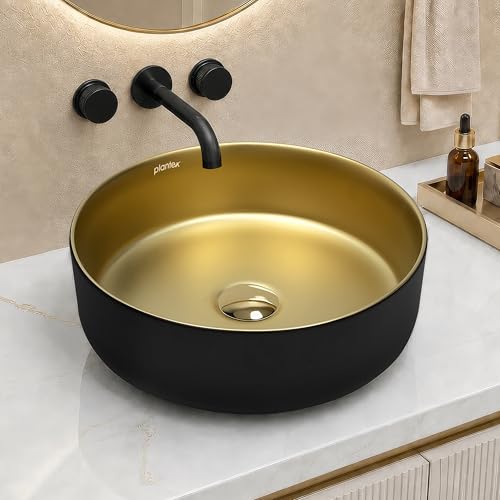 Image of Plantex Table Top Wash Basin for Bathroom /Designer Ceramic Basin /Round Countertop Vessel Sink Basin for Home /Office /Hotel (Black & Gold - 14 x 14 x 5 Inch)